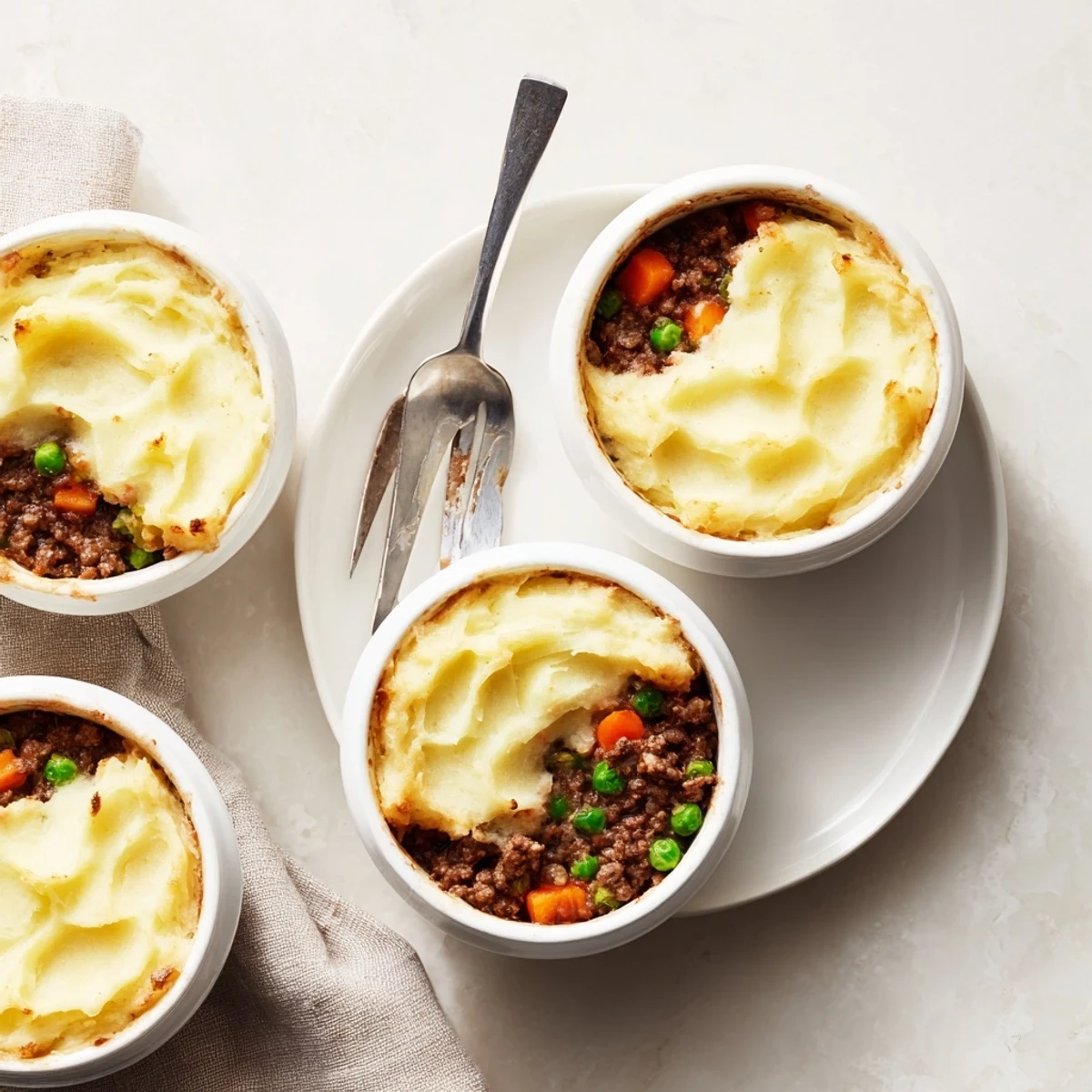 Freshly baked Mini Shepherds Pie from above, golden bubbling filling peeking out from fluffy potato topping.
