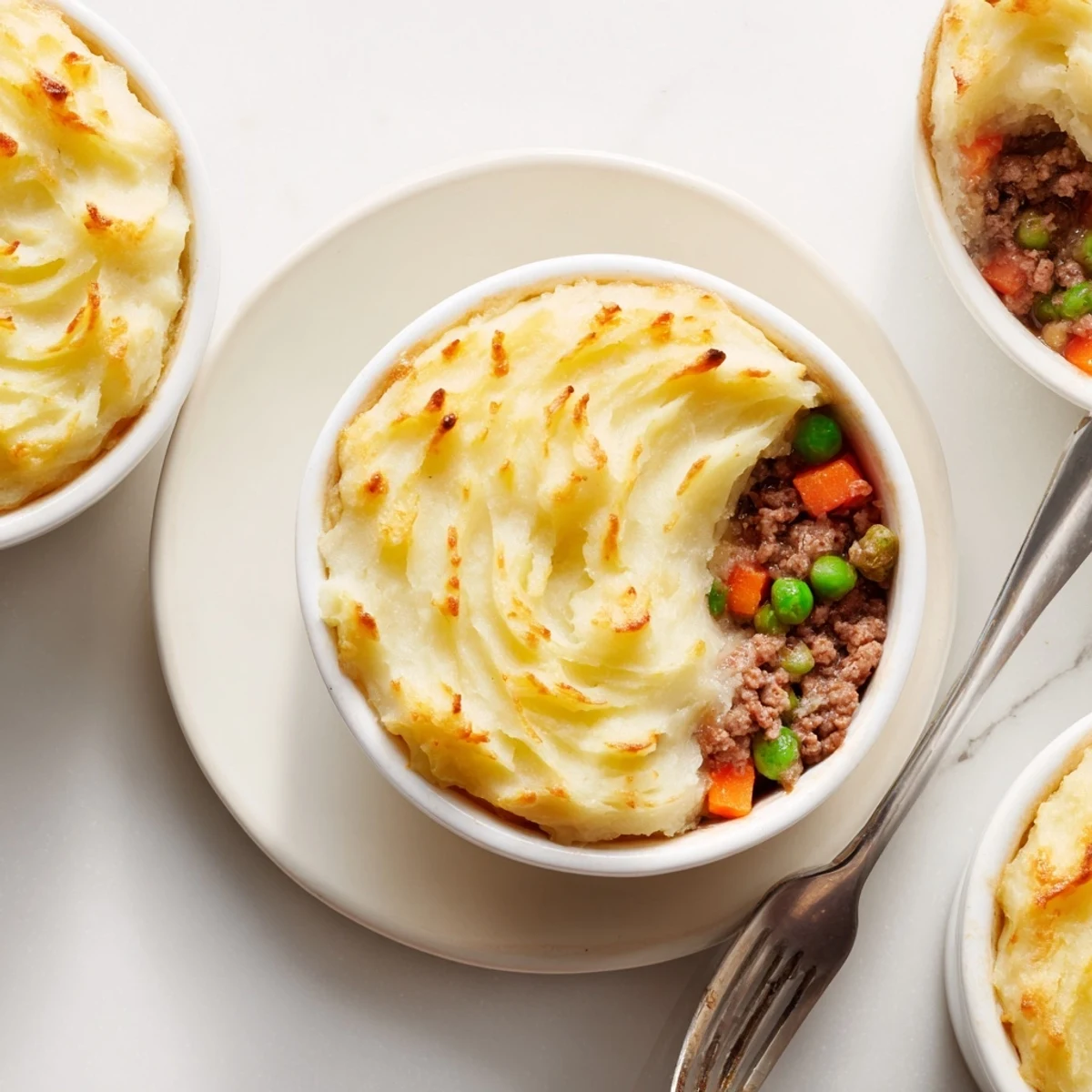 Six Mini Shepherds Pie ramekins with cheesy mashed potato crust, perfect for individual dinner servings.  