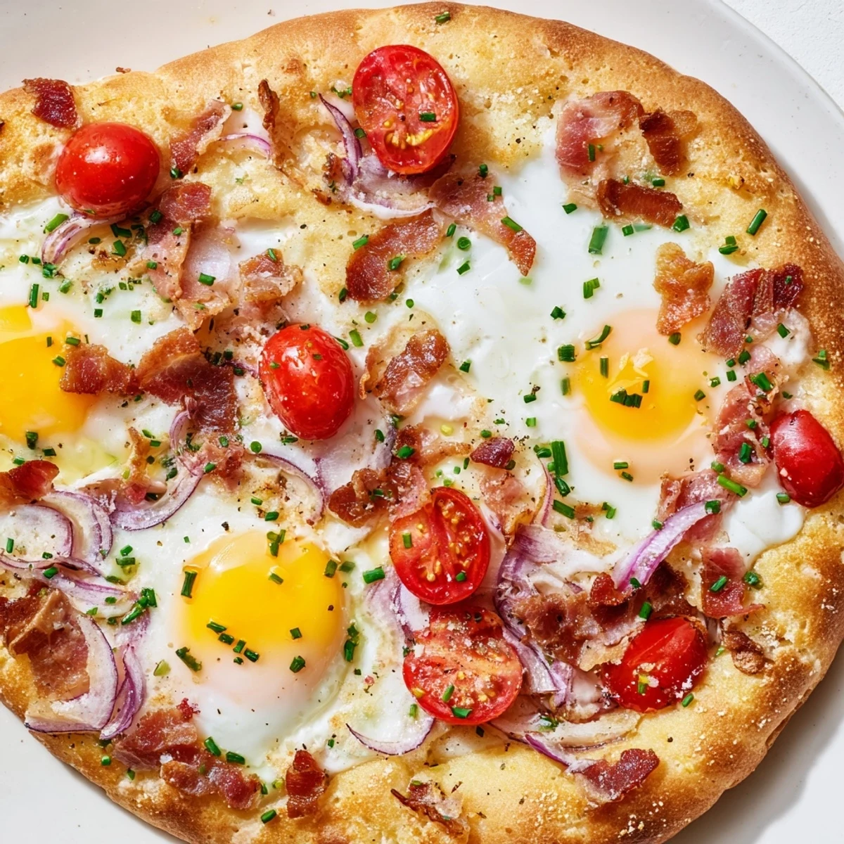 Golden-baked Breakfast Focaccia topped with crispy bacon, runny eggs, and fresh herbs on a rustic wooden board.