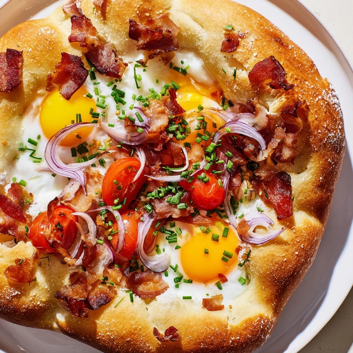 Slices of savory Breakfast Focaccia with eggs and bacon served beside a colorful arugula salad for brunch.