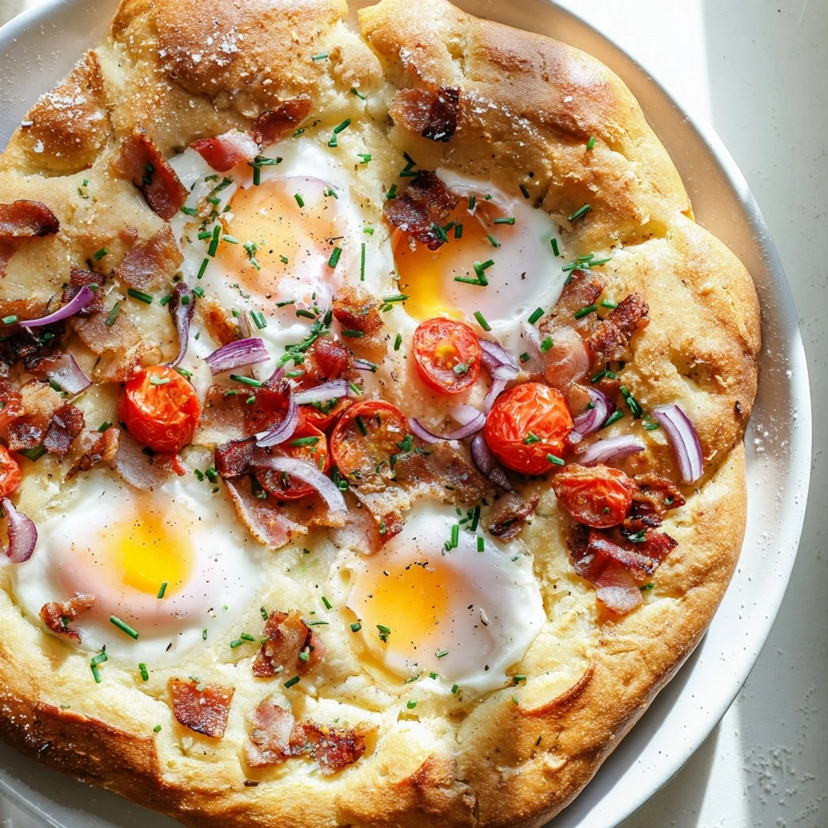 A close-up view of fluffy Breakfast Focaccia with eggs, cherry tomatoes, and herbs, fresh from the oven.