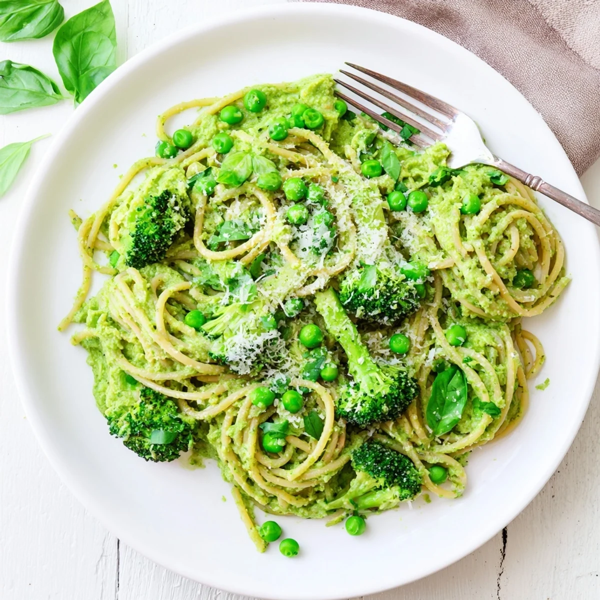 Veggie Smuggler Avocado Pasta plated for dinner, featuring a luscious green sauce and optional vegan Parmesan topping.