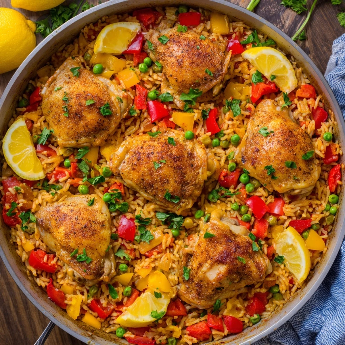 A close-up of the One Pan Spanish Chicken and Rice Bake shows steaming rice, red peppers, and tender chicken ready to serve.
