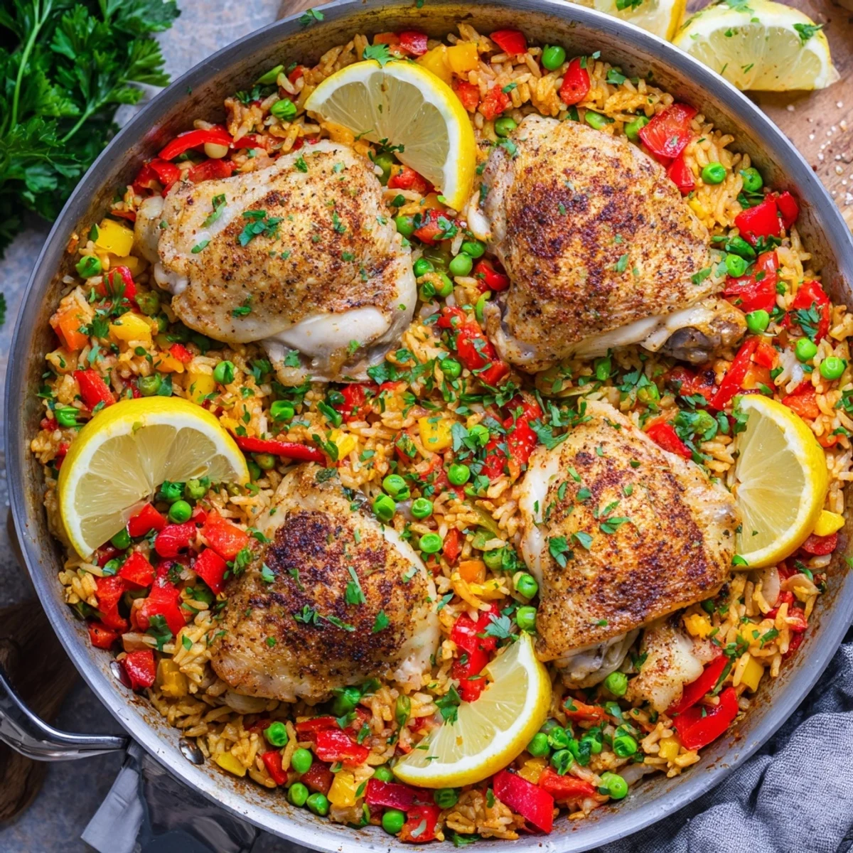 Golden-skinned chicken thighs sit atop a vibrant bed of saffron rice and roasted vegetables in the Spanish Chicken and Rice Bake.