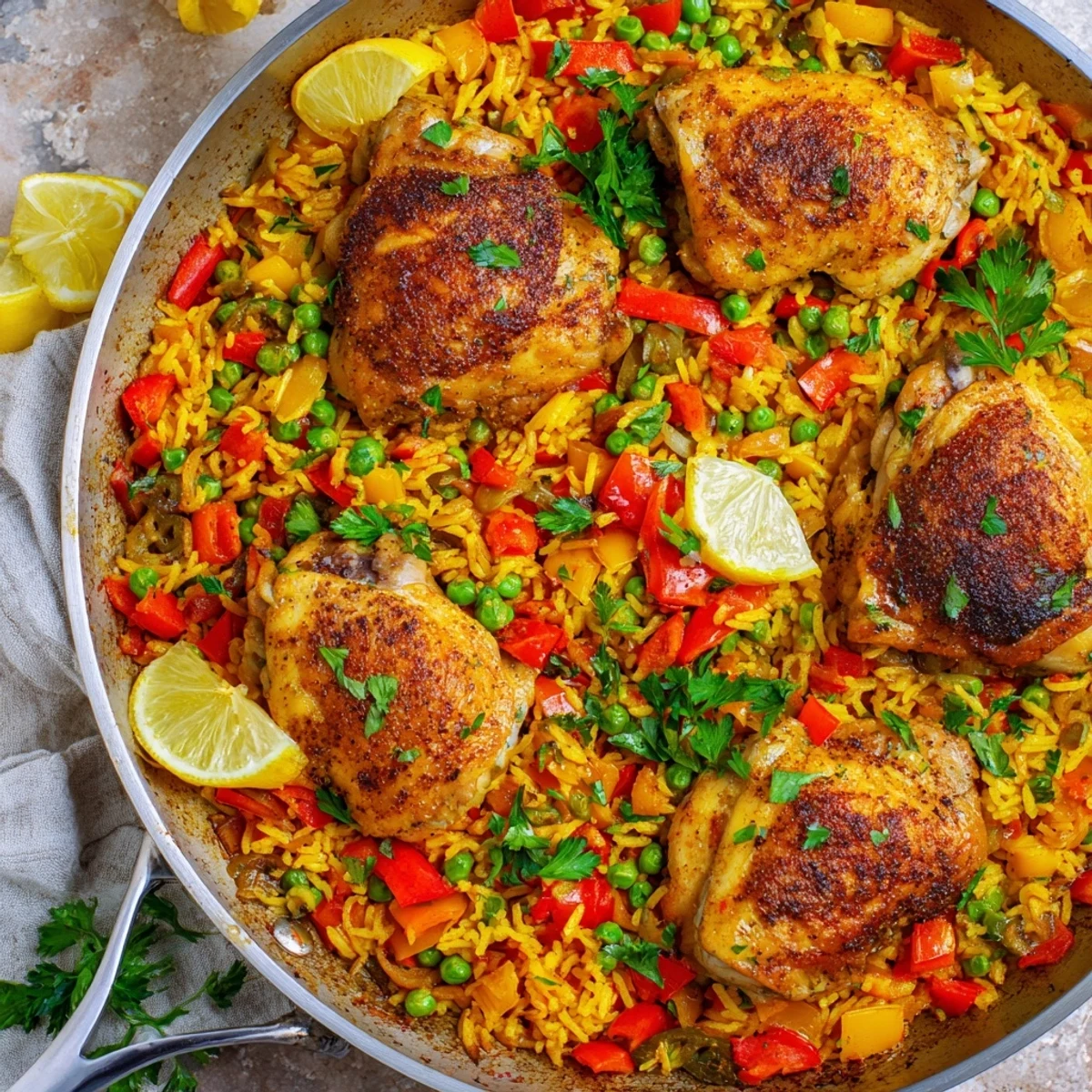 Fragrant One Pan Spanish Chicken and Rice Bake garnished with fresh parsley, lemon wedges, and colorful diced vegetables for a family meal.
