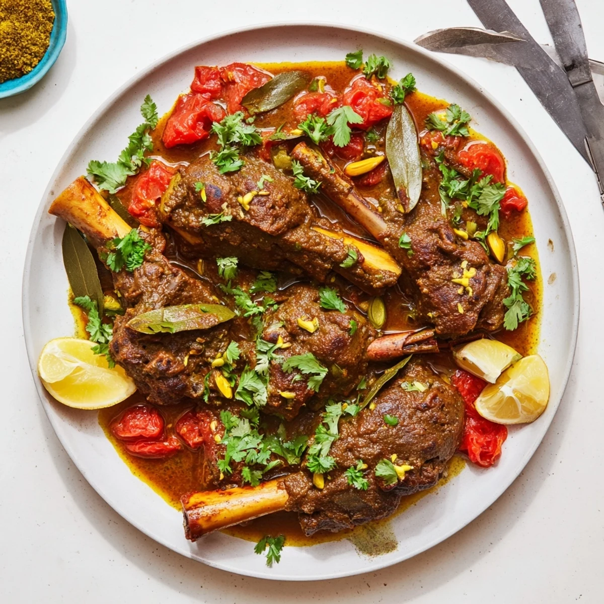 Slow cooked Indian lamb shanks in a rich aromatic curry, served over fluffy basmati rice for a comforting meal.