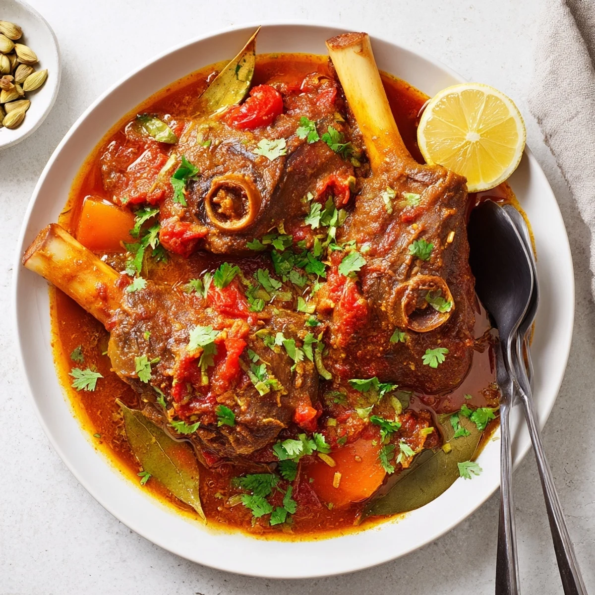 Four tender lamb shanks braised in Indian spices, garnished with fresh cilantro and lemon wedges on a rustic plate.