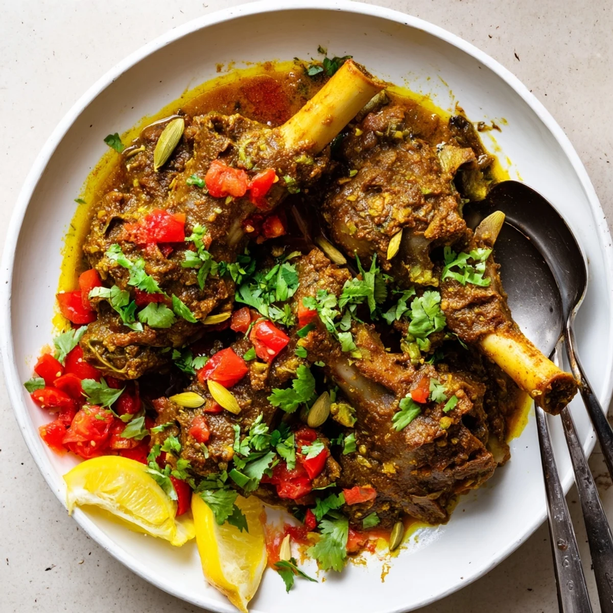 Slow cooked Indian lamb shanks fall off the bone in a thick gravy, perfect with warm naan bread.