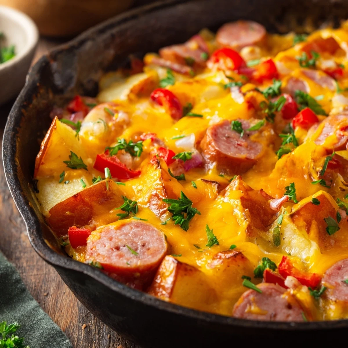 Close-up of Cheesy Sausage and Potato Skillet Bake with golden melted cheddar bubbling over sliced smoked sausage and tender potatoes.