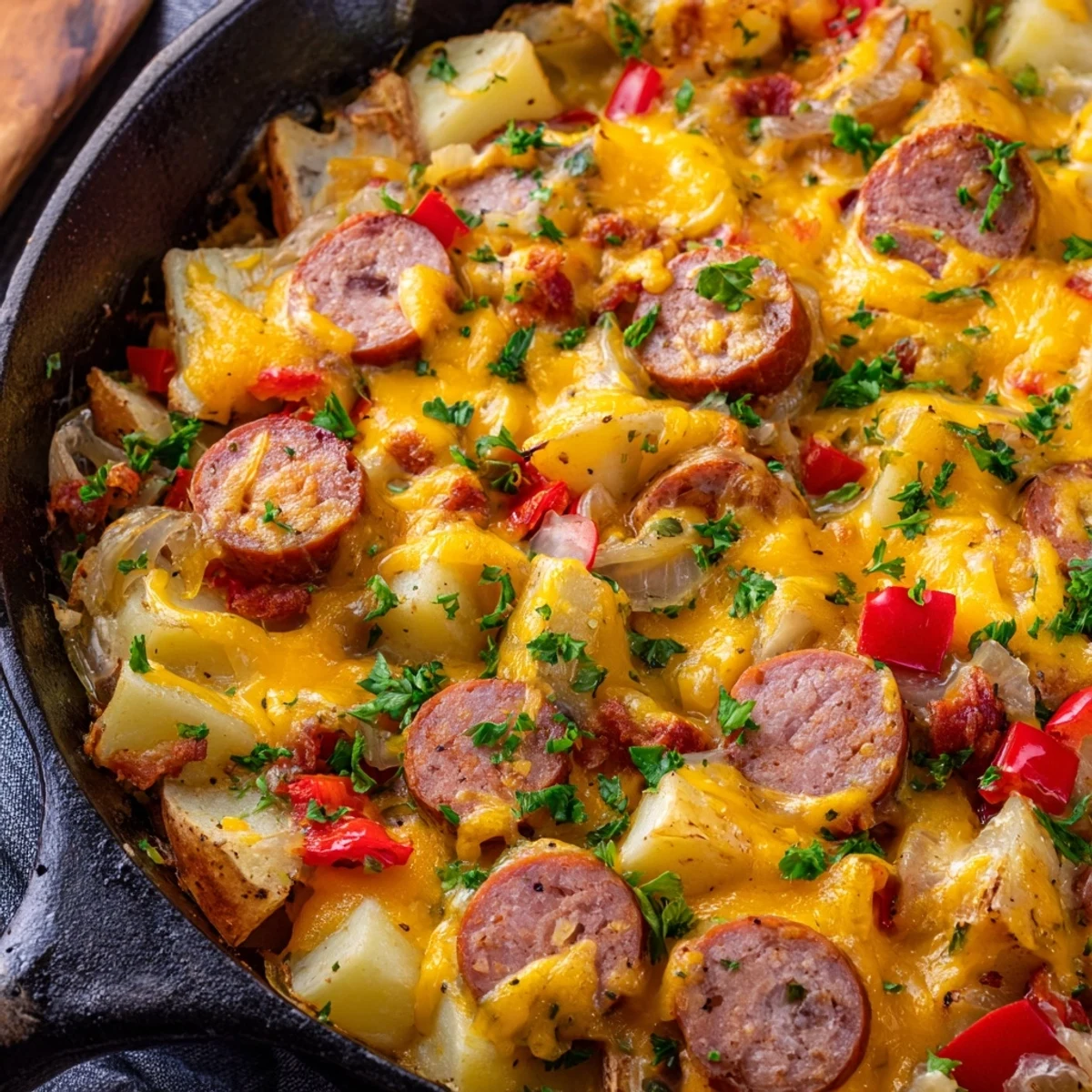 A rustic oven-safe pan reveals Cheesy Sausage and Potato Skillet Bake with diced Yukon Gold potatoes, peppers, and savory sausage.