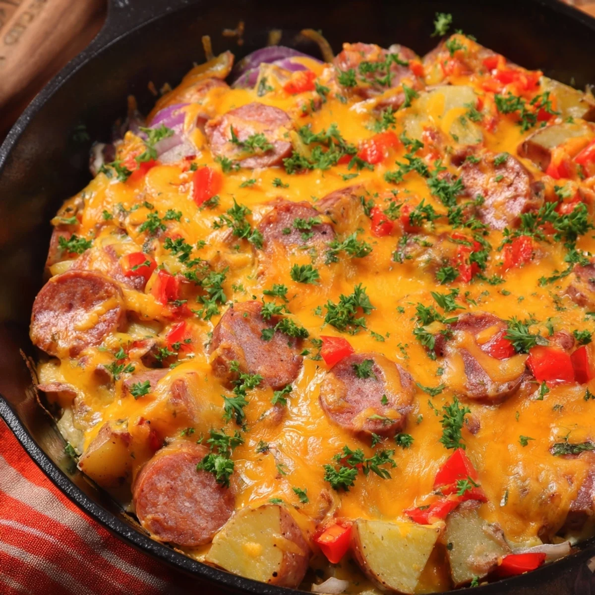Cheesy Sausage and Potato Skillet Bake served in a cast iron skillet garnished with fresh parsley, ideal for weeknight dinners.