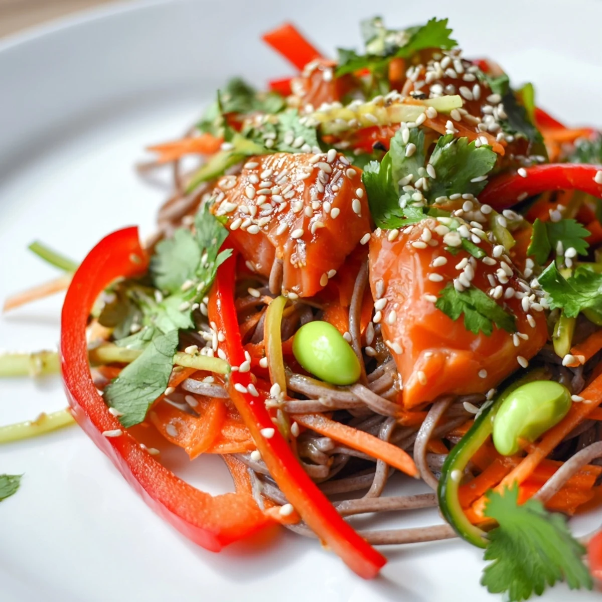 Glazed teriyaki salmon rests atop a vibrant soba noodle salad with crisp vegetables and toasted sesame seeds.