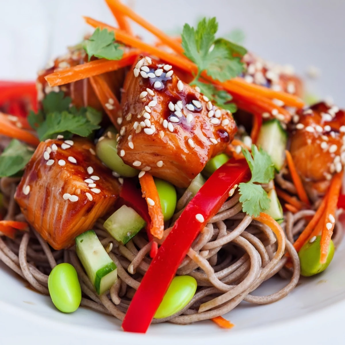 Teriyaki salmon soba noodle salad presented with fresh lime wedges and a drizzle of tangy sesame dressing.