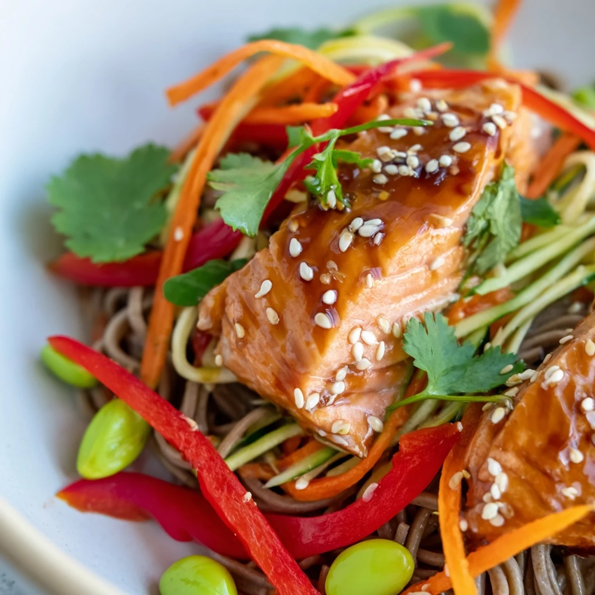 A hearty plate of teriyaki salmon soba noodle salad featuring flaky fish and colorful julienned carrots and peppers.