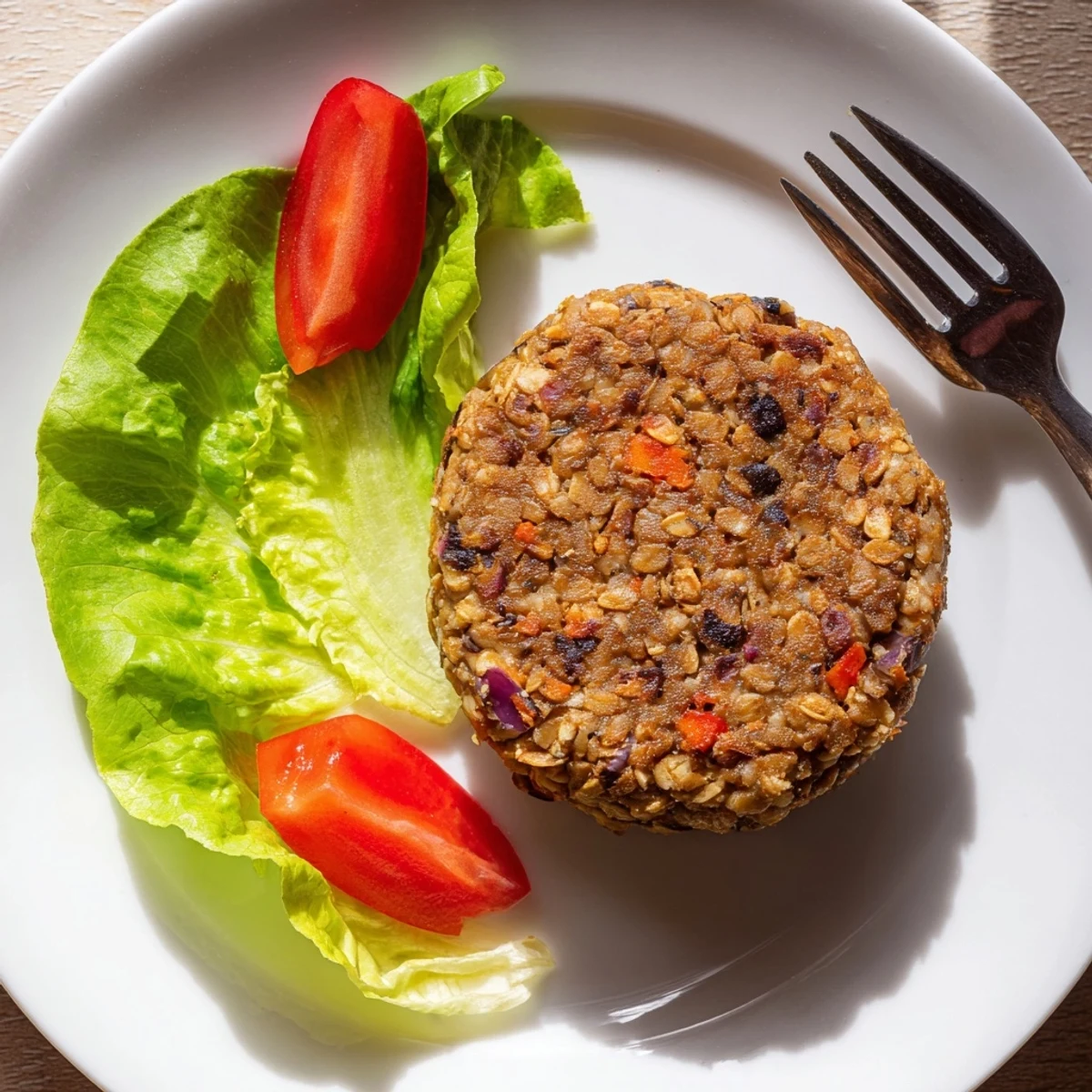 Plump mushroom veggie burgers served on soft buns with crisp lettuce, tomato, and pickles on a wooden board.