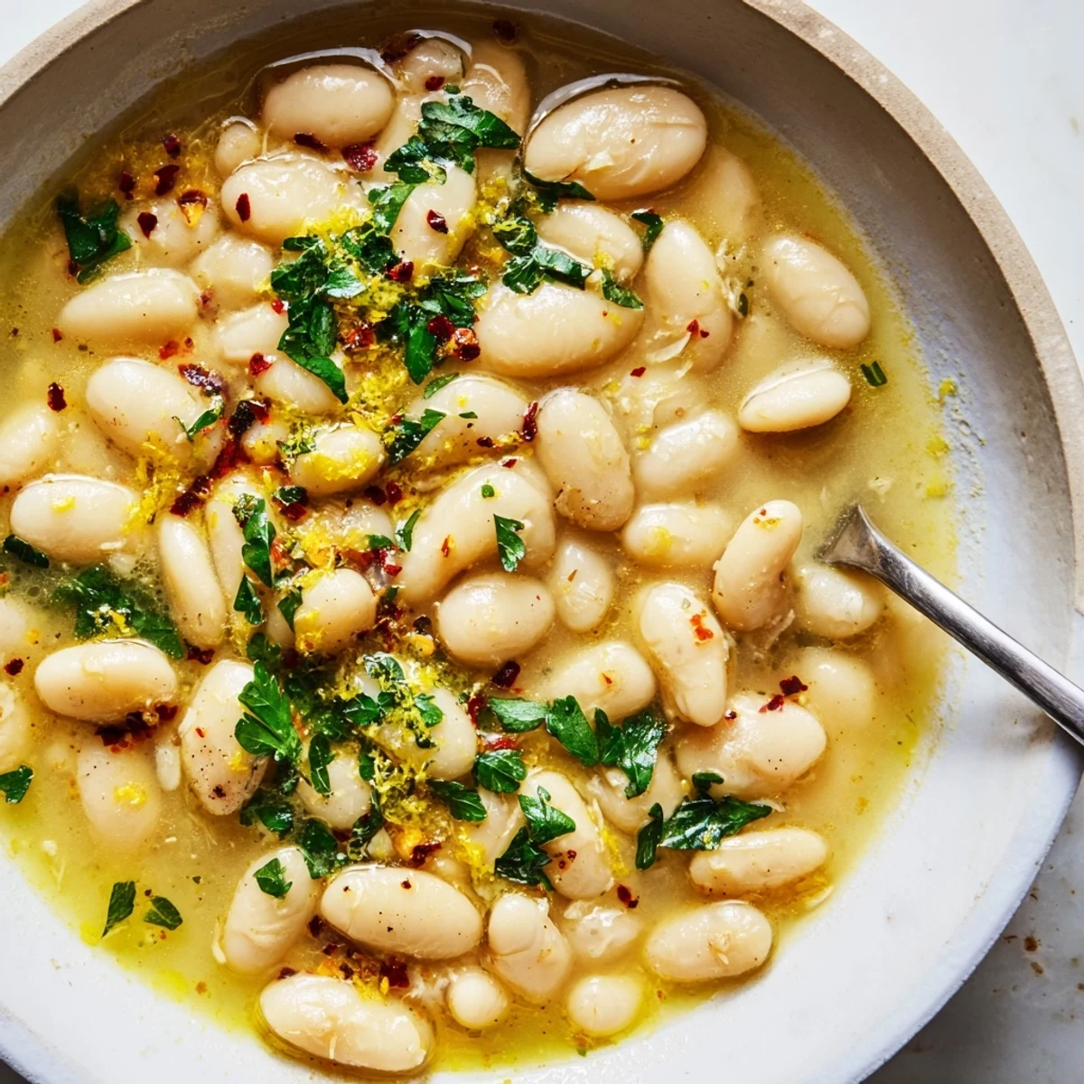 Creamy white miso butter beans simmering in golden savory broth with fresh herbs