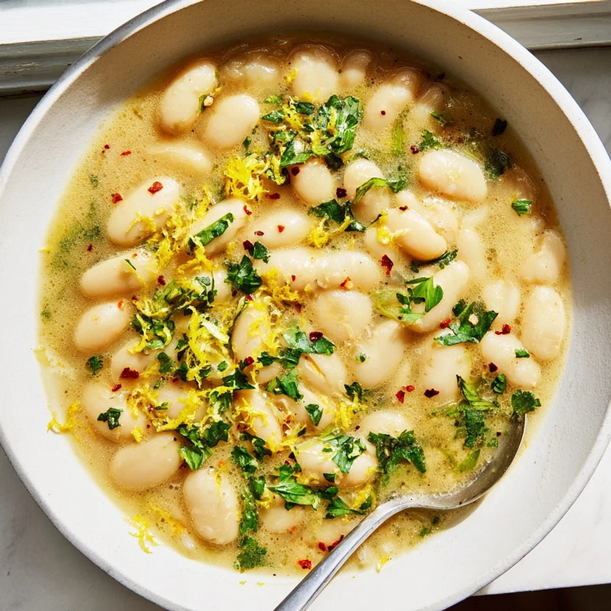 Comforting bowl of umami-rich white beans in miso broth with crusty bread dipping