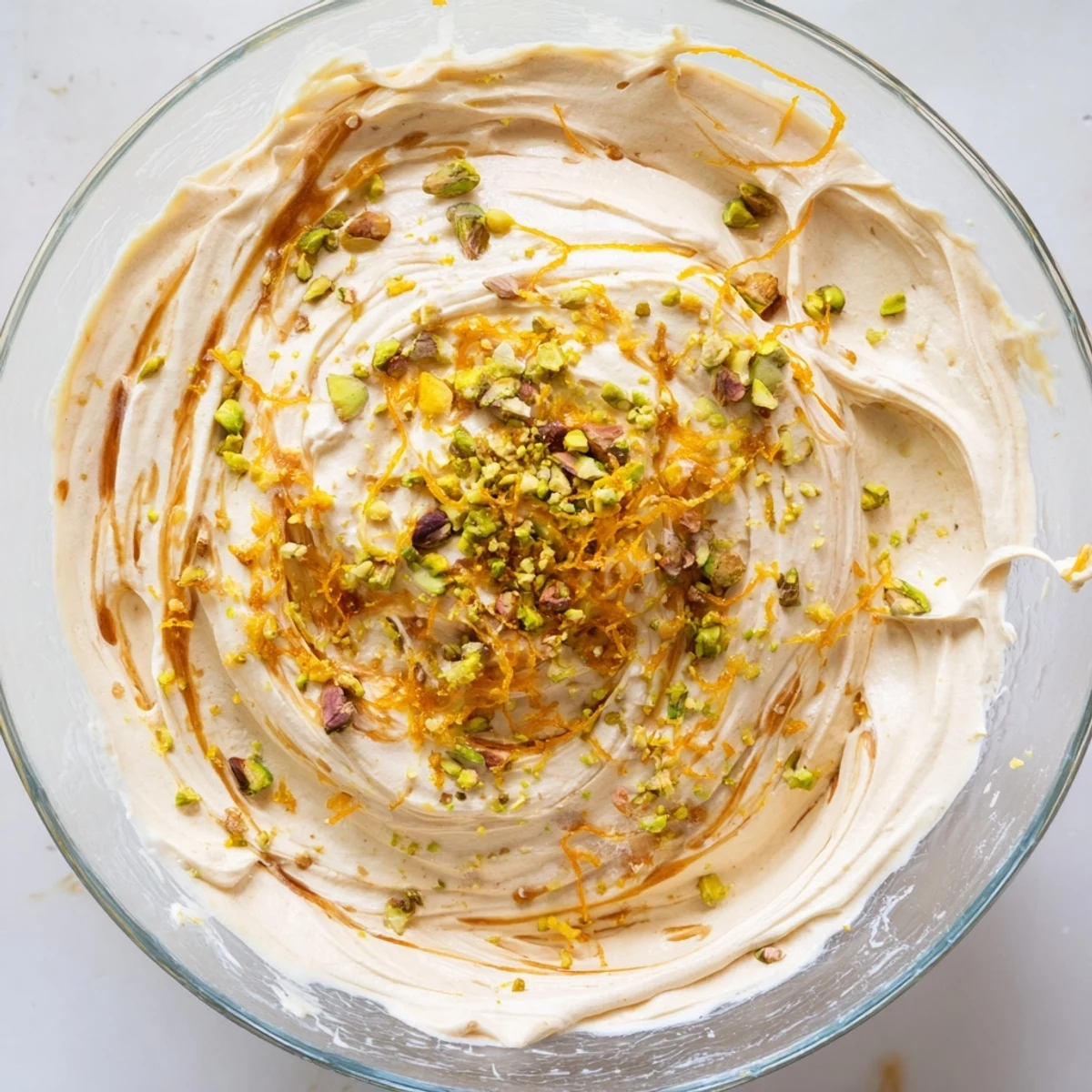 Creamy Lebanese date orange blossom mousse topped with chopped pistachios and fresh orange zest