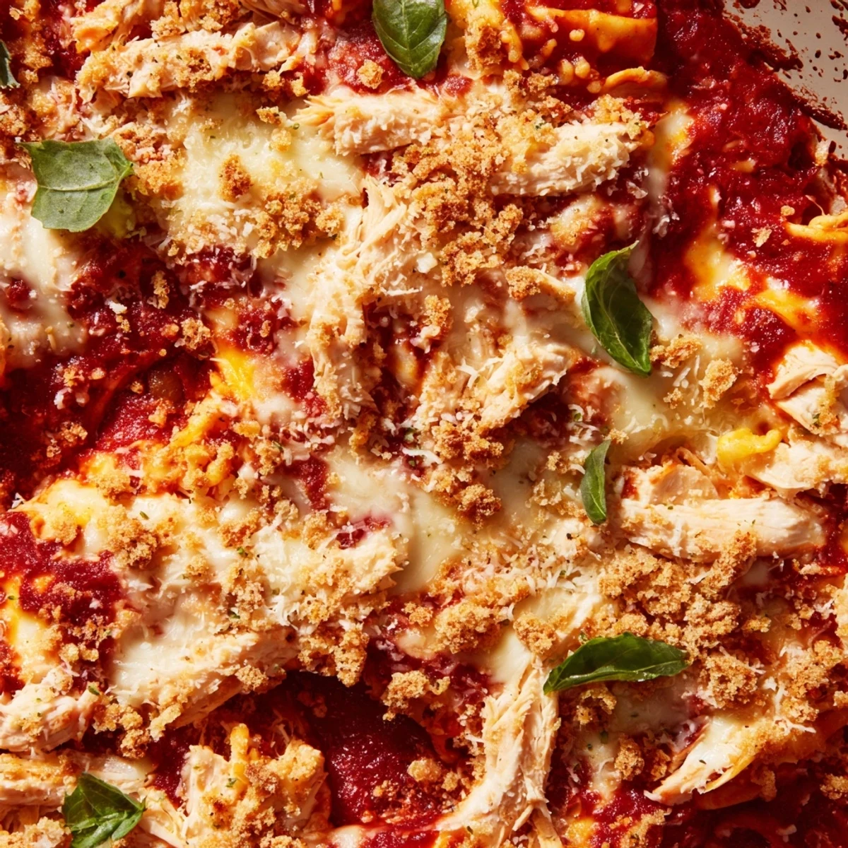 Bubbling low-carb casserole dish featuring juicy chicken and marinara under browned cheesy crust