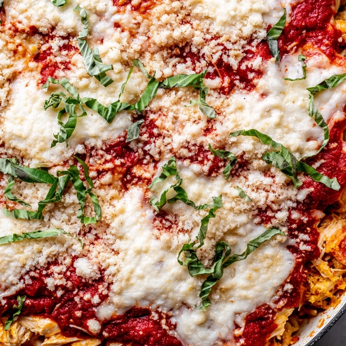 Golden bubbly Keto Chicken Parmesan Casserole with melted mozzarella and fresh basil garnish