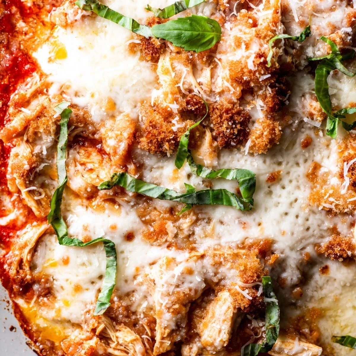 Oven-baked Keto Chicken Parmesan Casserole topped with crispy pork rinds and aromatic Italian herbs