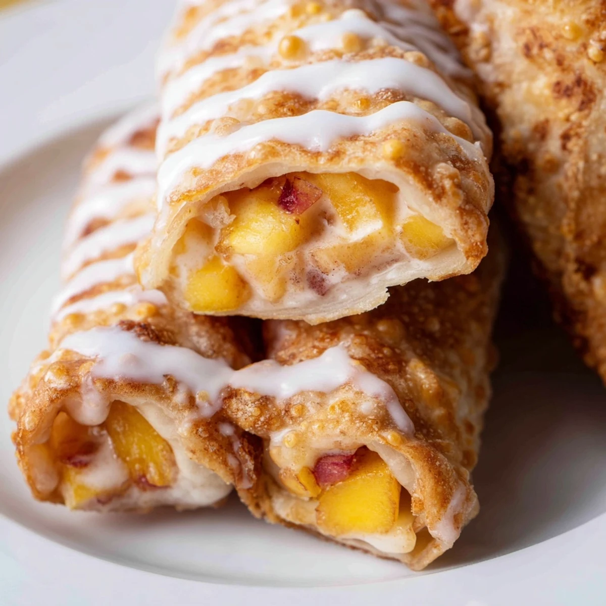 Golden peach cobbler egg rolls drizzled with vanilla glaze on a white serving plate