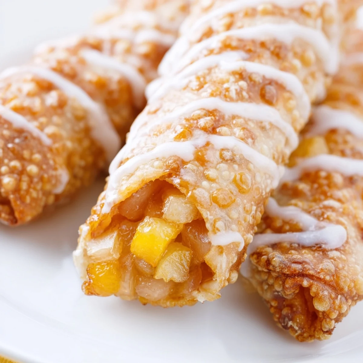Crispy fried egg rolls filled with warm spiced peaches and powdered sugar topping