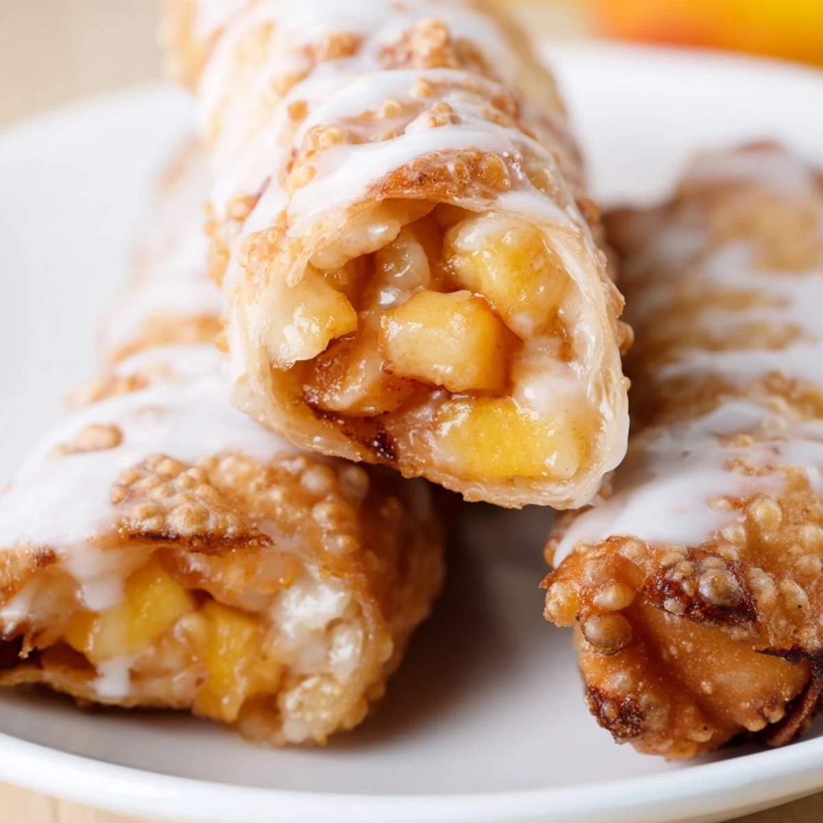 Handheld peach cobbler egg rolls with sweet fruit filling and creamy vanilla glaze