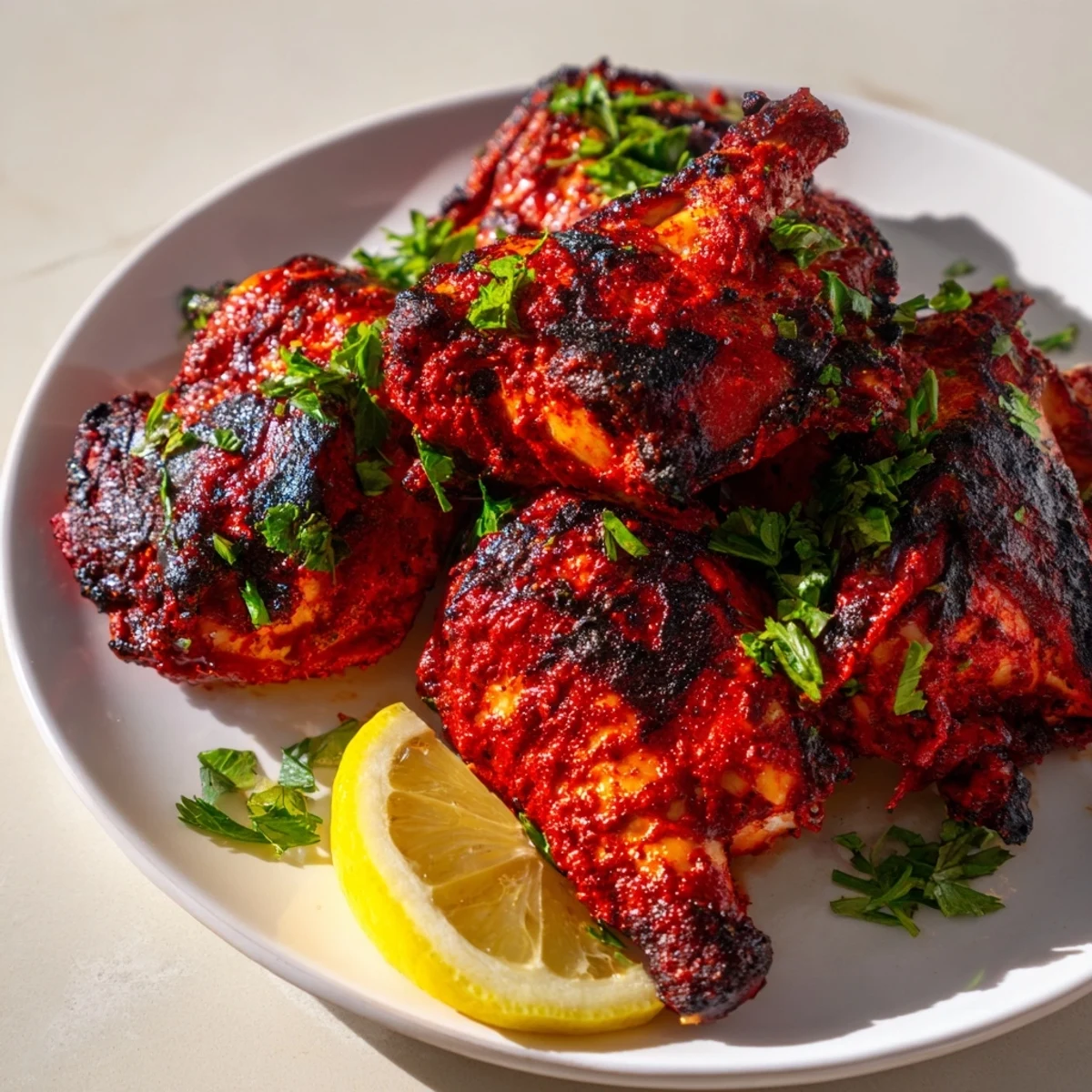 Spicy Portuguese style peri peri chicken served with fresh lemon wedges and green parsley garnish