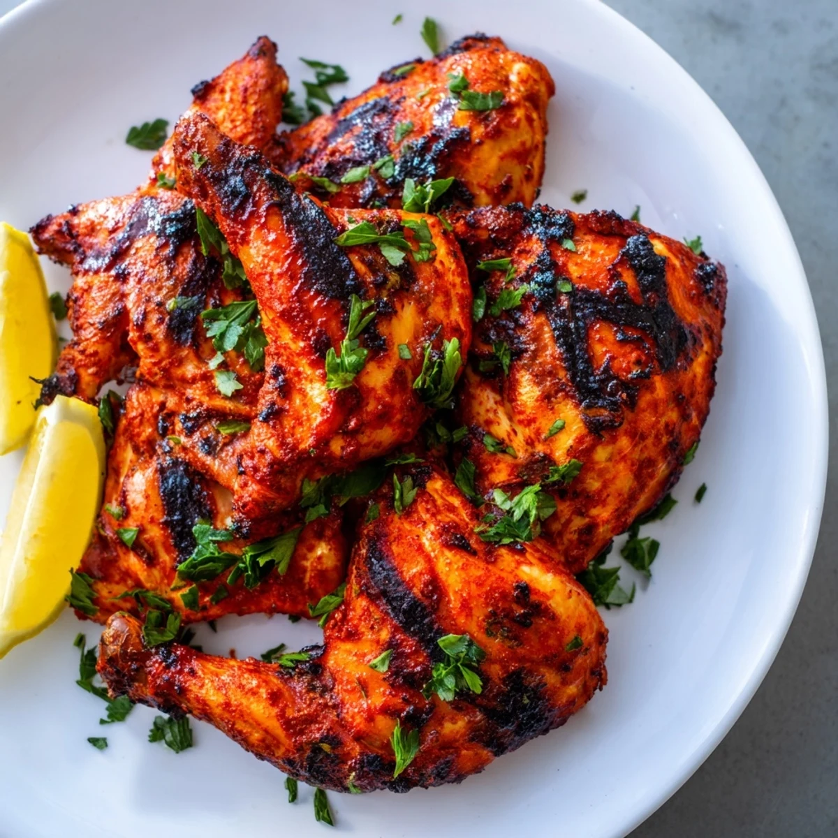 Golden peri peri chicken grilled to crispy perfection with charred skin and vibrant red marinade