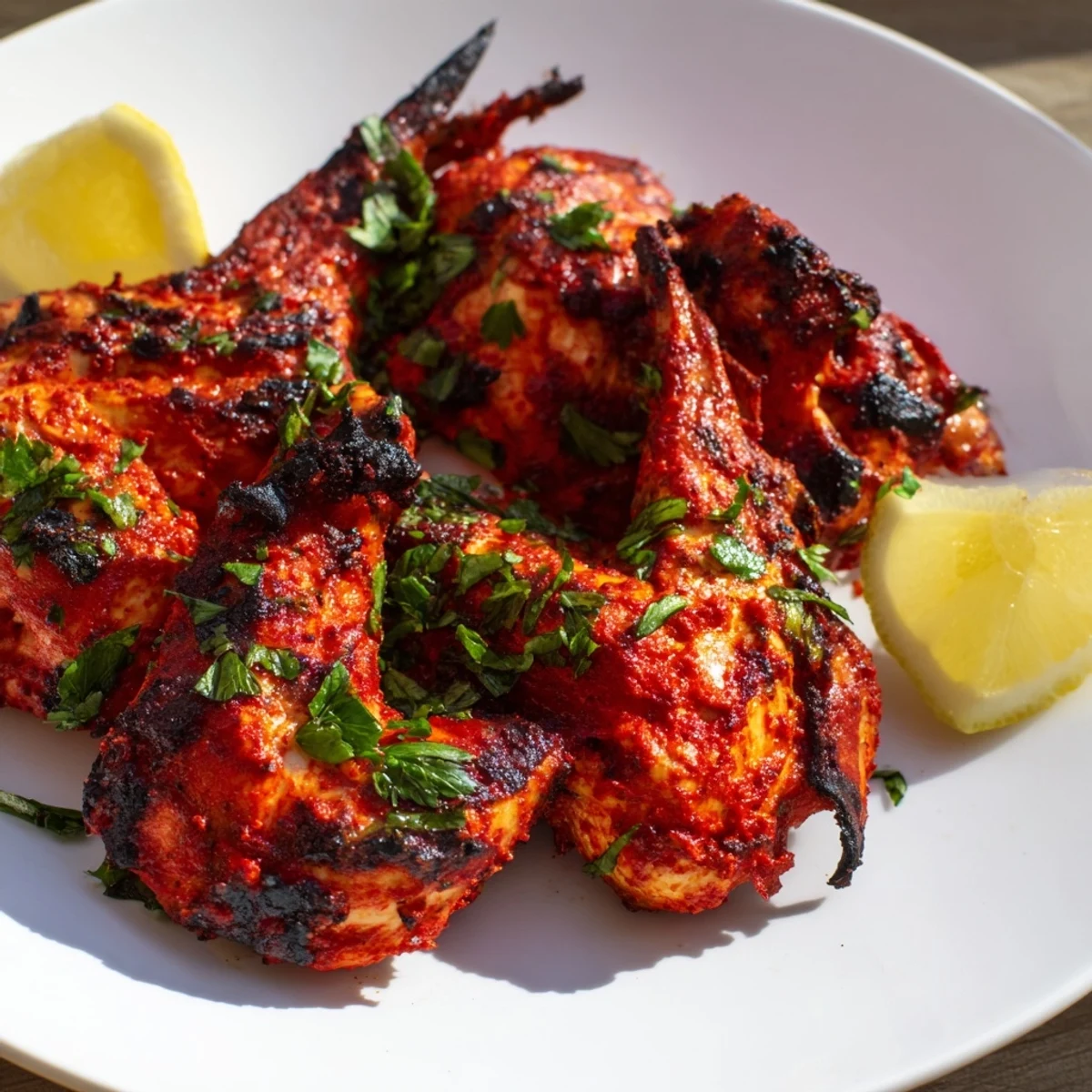 Spatchcocked whole peri peri chicken glazed in zesty red sauce featuring caramelized edges and juicy meat