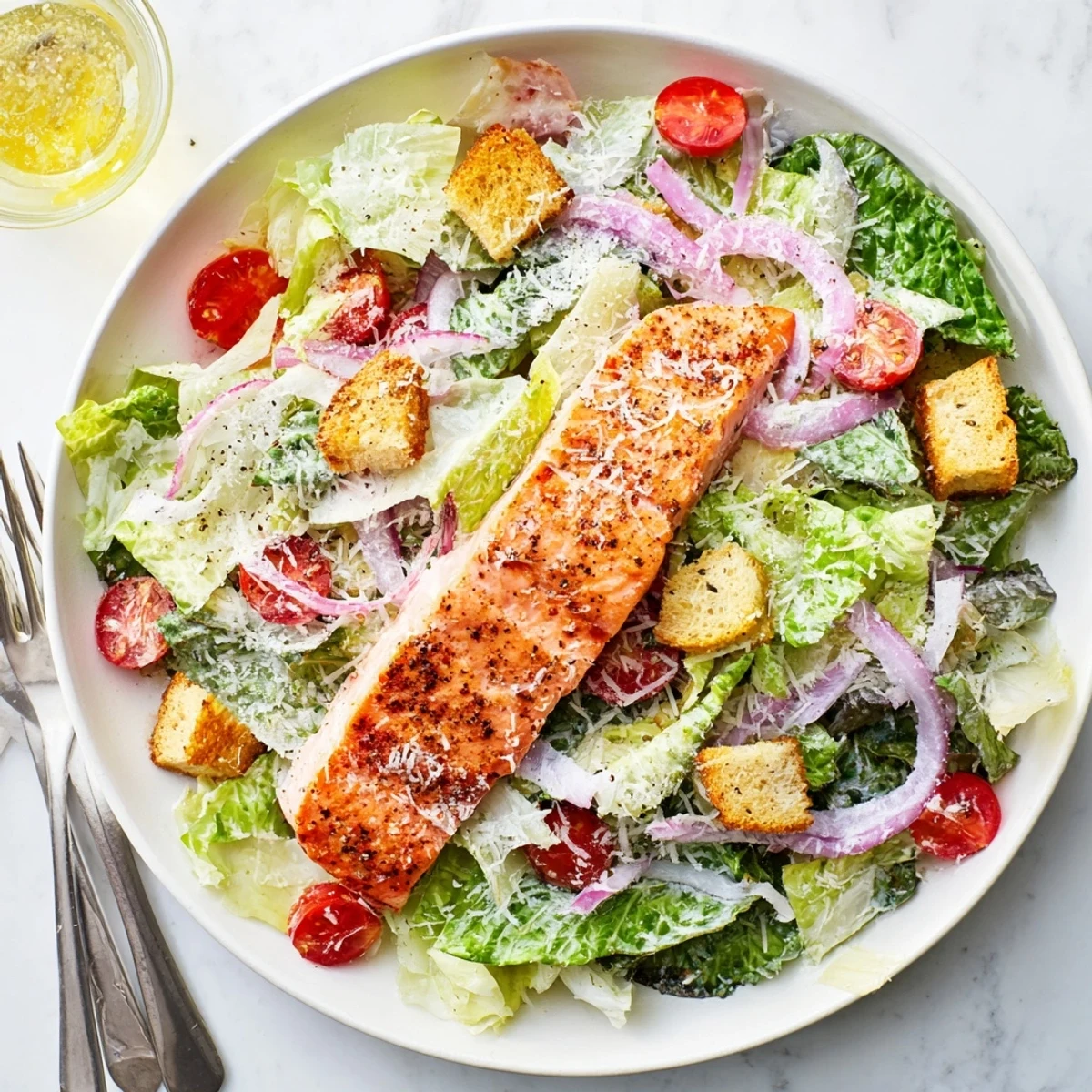 Flaky grilled salmon fillet resting on crisp romaine Caesar salad with cherry tomatoes and croutons