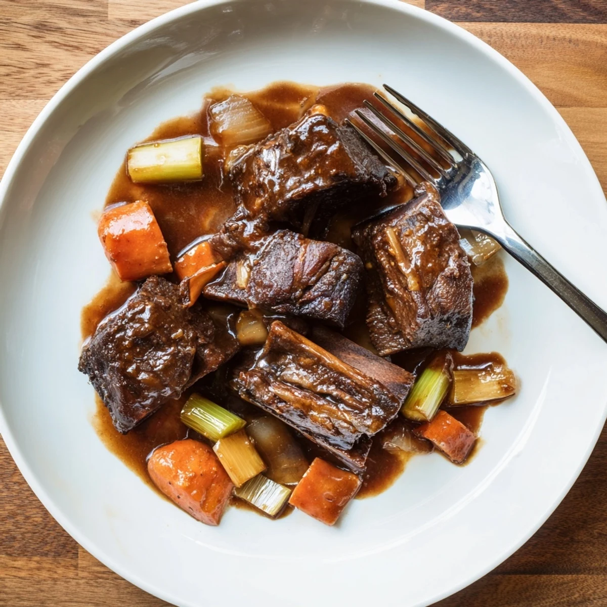Fork-tender beef short ribs coated in a sticky sweet maple bourbon glaze served alongside roasted vegetables and fresh herbs