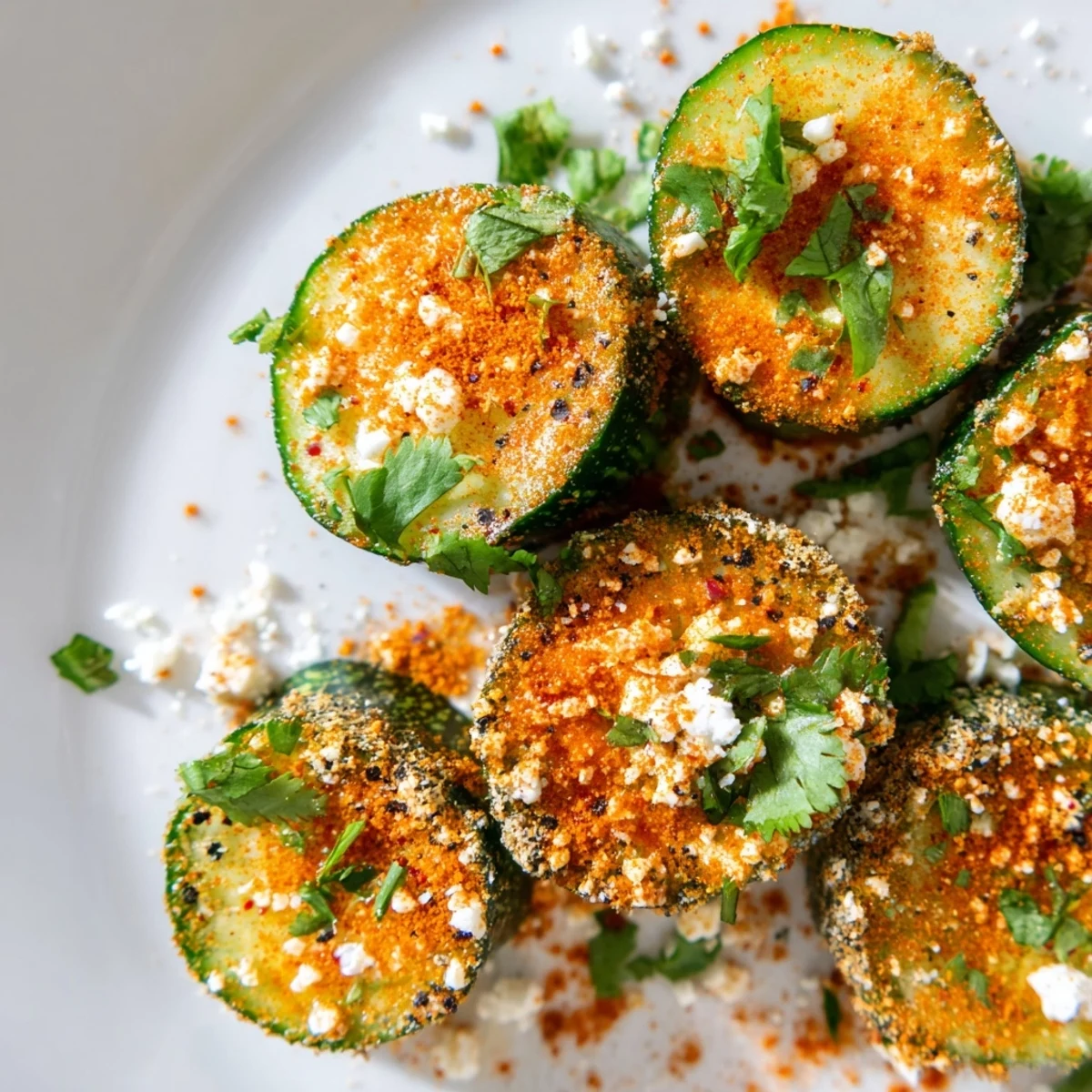 Crisp cucumber slices sprinkled with Tajín seasoning and fresh squeezed lime juice