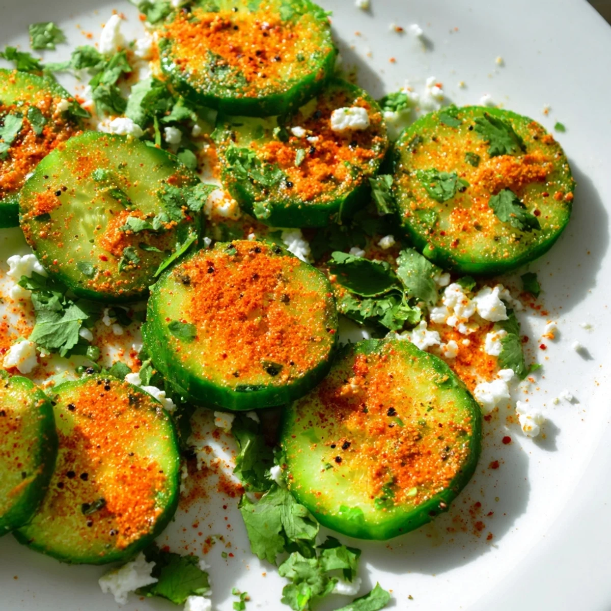 Vegan Mexican style cucumbers tossed with zesty lime and aromatic chili powder garnish