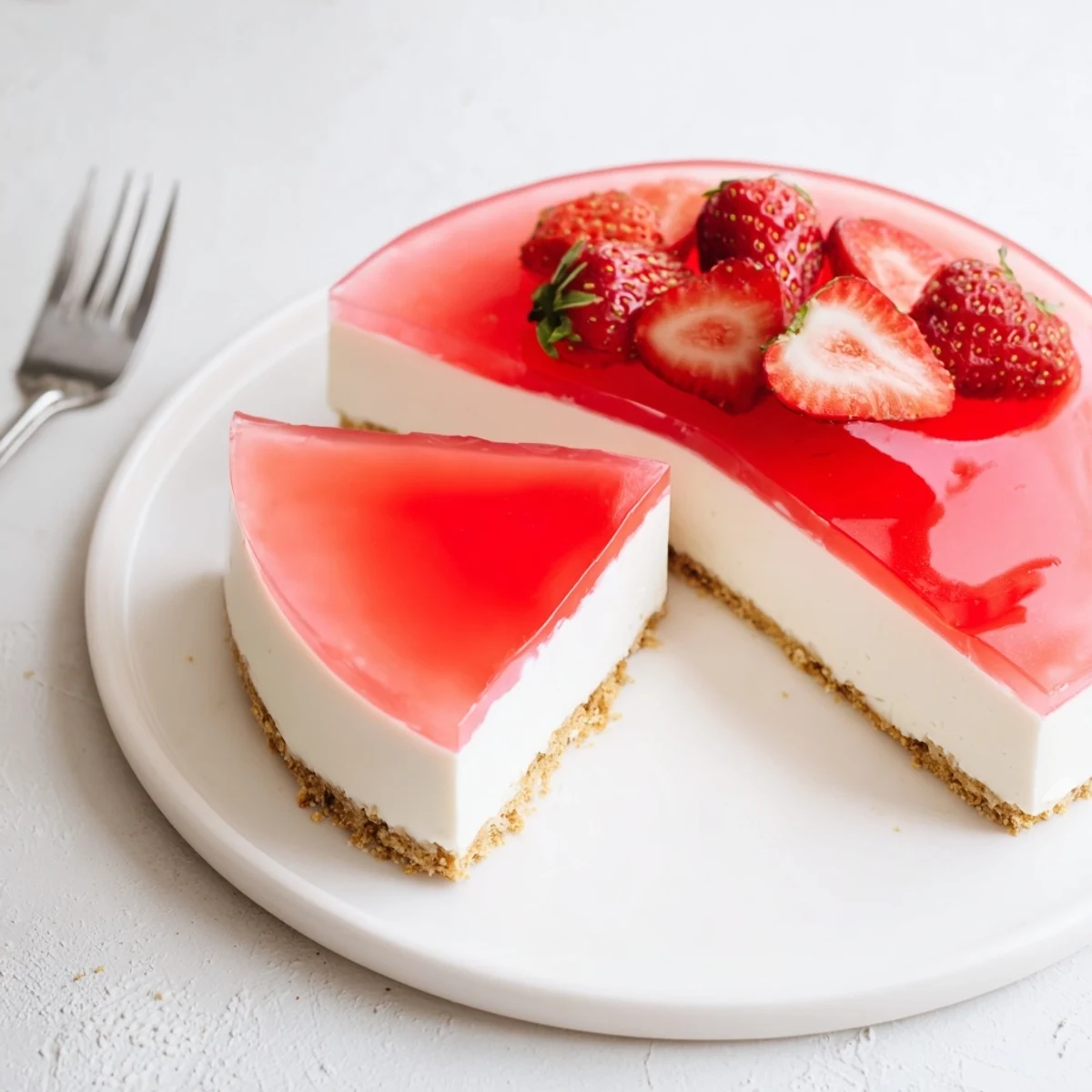 Creamy no bake Greek yogurt jello cheesecake with graham cracker crust and fruit topping