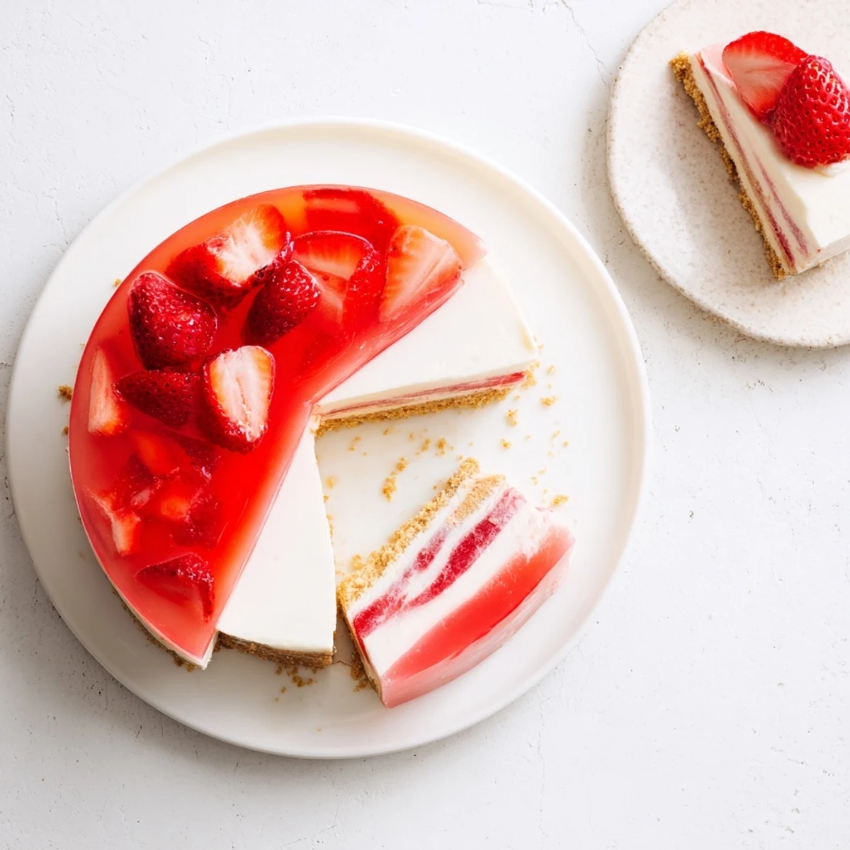 Slice of Greek yogurt jello cheesecake featuring wobbly fruit layer over tangy creamy filling
