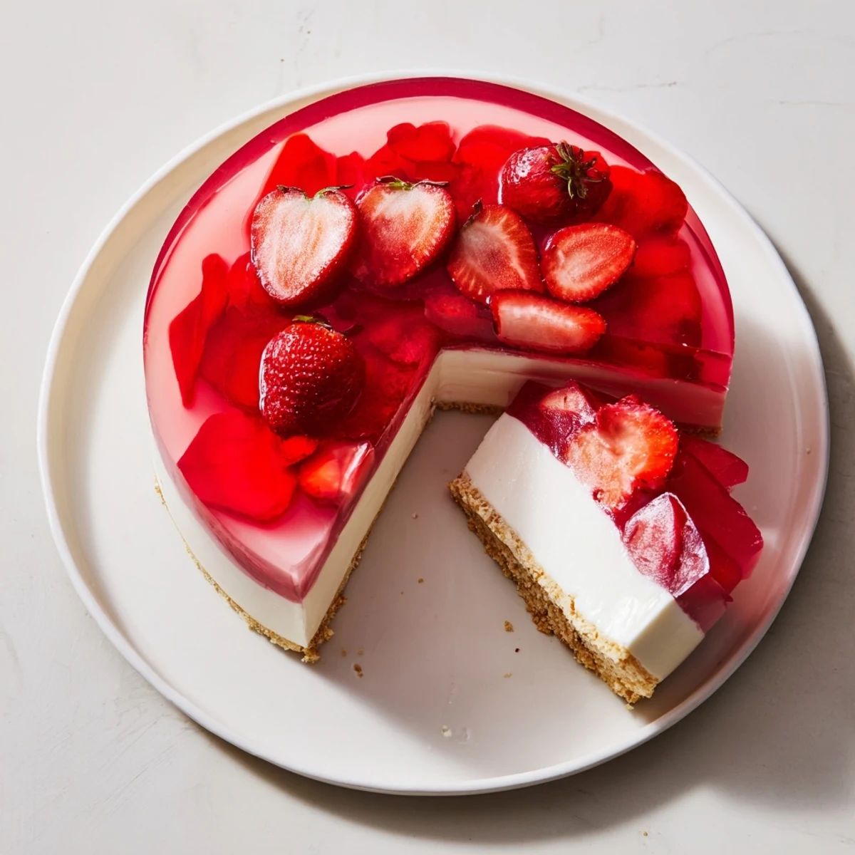 Light and refreshing no bake Greek yogurt jello cheesecake served chilled with fresh berries