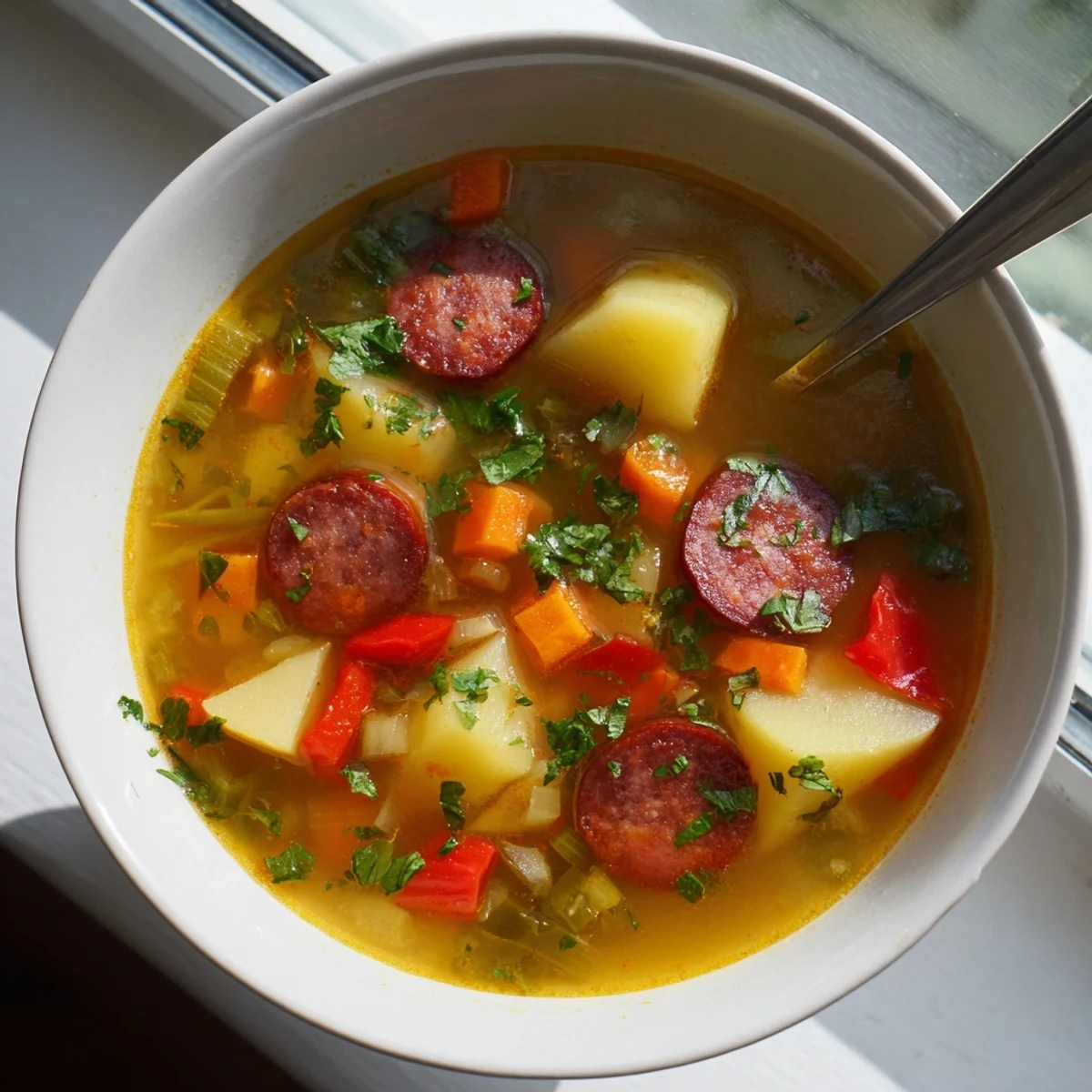 Creamy Spanish potato soup with chorizo garnish and fresh parsley sprinkled on top