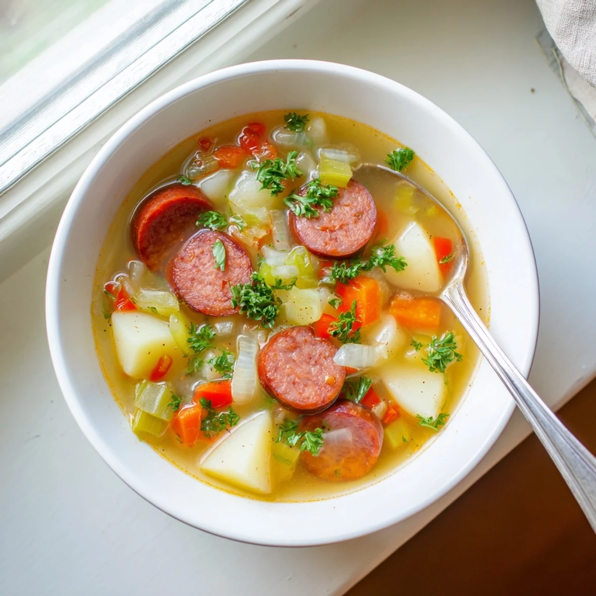 Rustic bowl of tender potato and chorizo soup served with crusty bread