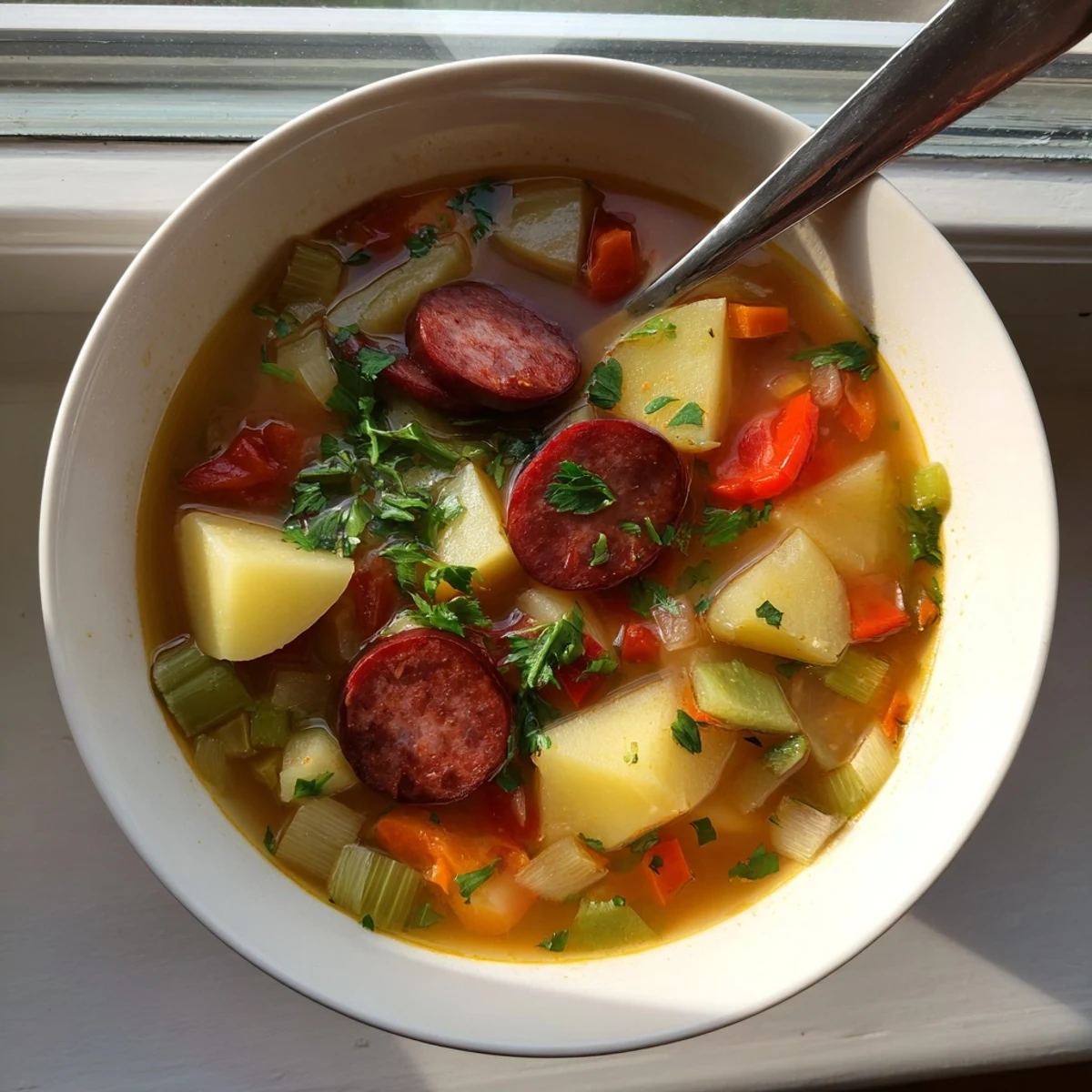 Golden Spanish potato soup featuring smoky chorizo slices and diced vegetables in rich broth