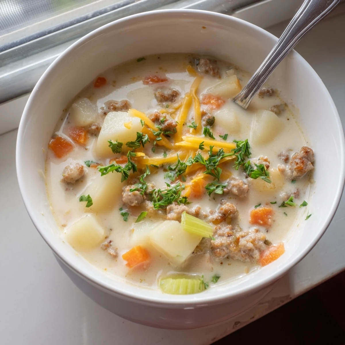 Hearty bowl of simple pork sausage potato soup featuring tender potatoes and savory sausage crumbles