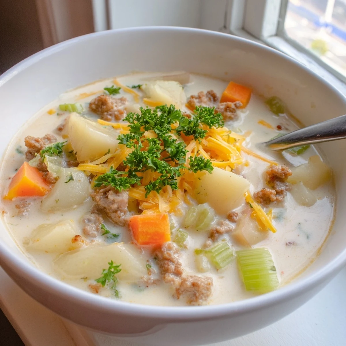 Creamy pork sausage potato soup garnished with fresh parsley and grated cheddar cheese in a white bowl
