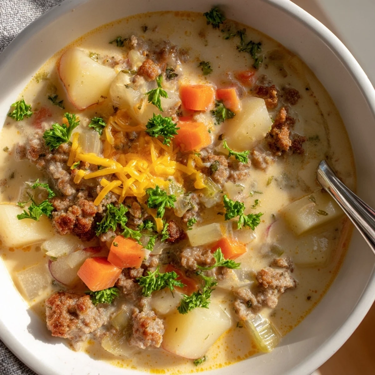 Steaming pork sausage potato soup with colorful carrots and celery served with crusty bread on the side