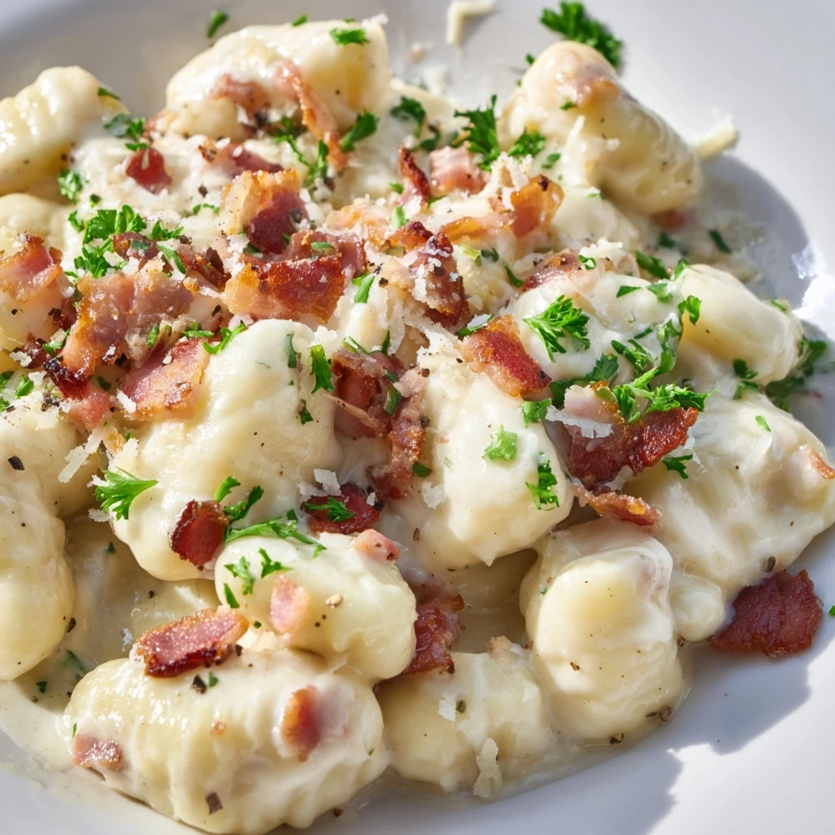 Gnocchi Carbonara with bacon and Parmesan coated in a rich creamy sauce