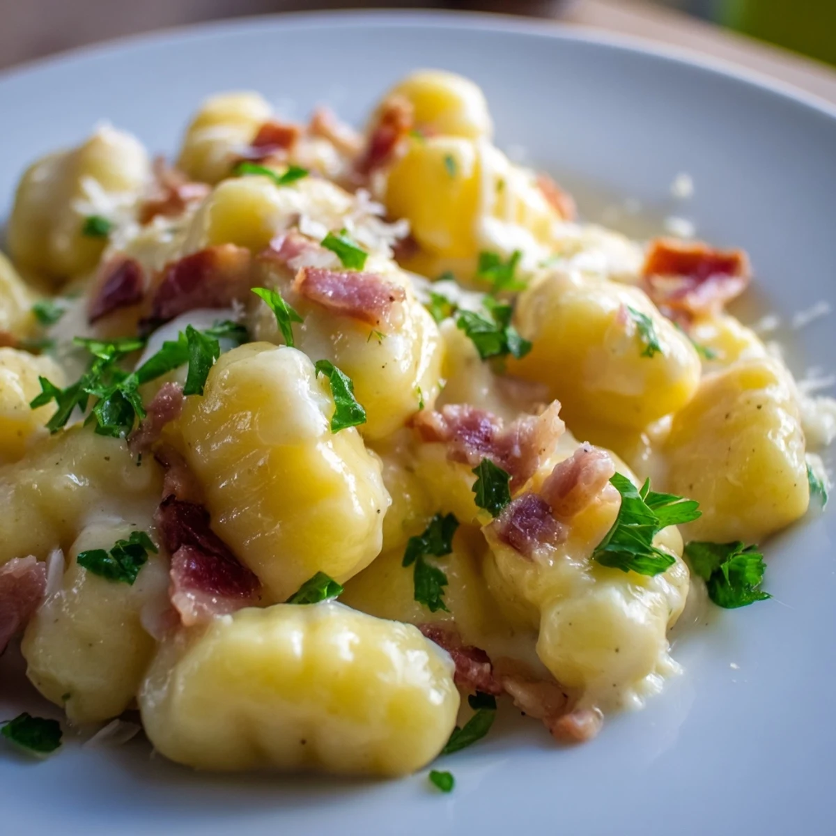 Crispy bacon pieces scattered over pillowy gnocchi in a carbonara parmesan sauce