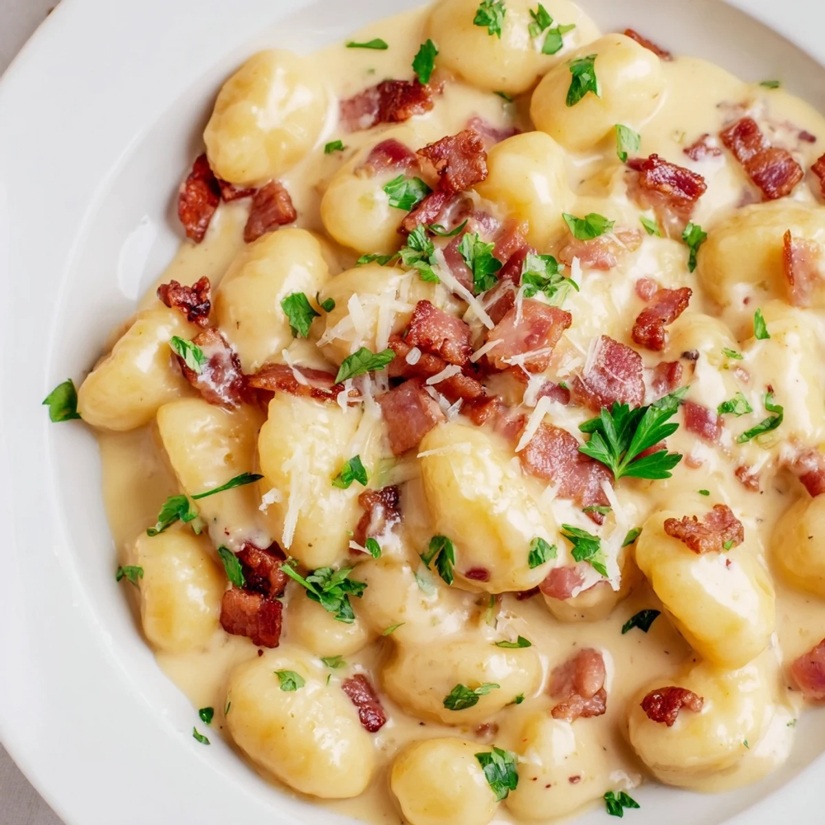 Steaming plate of Gnocchi Carbonara topped with bacon shavings and parmesan cheese