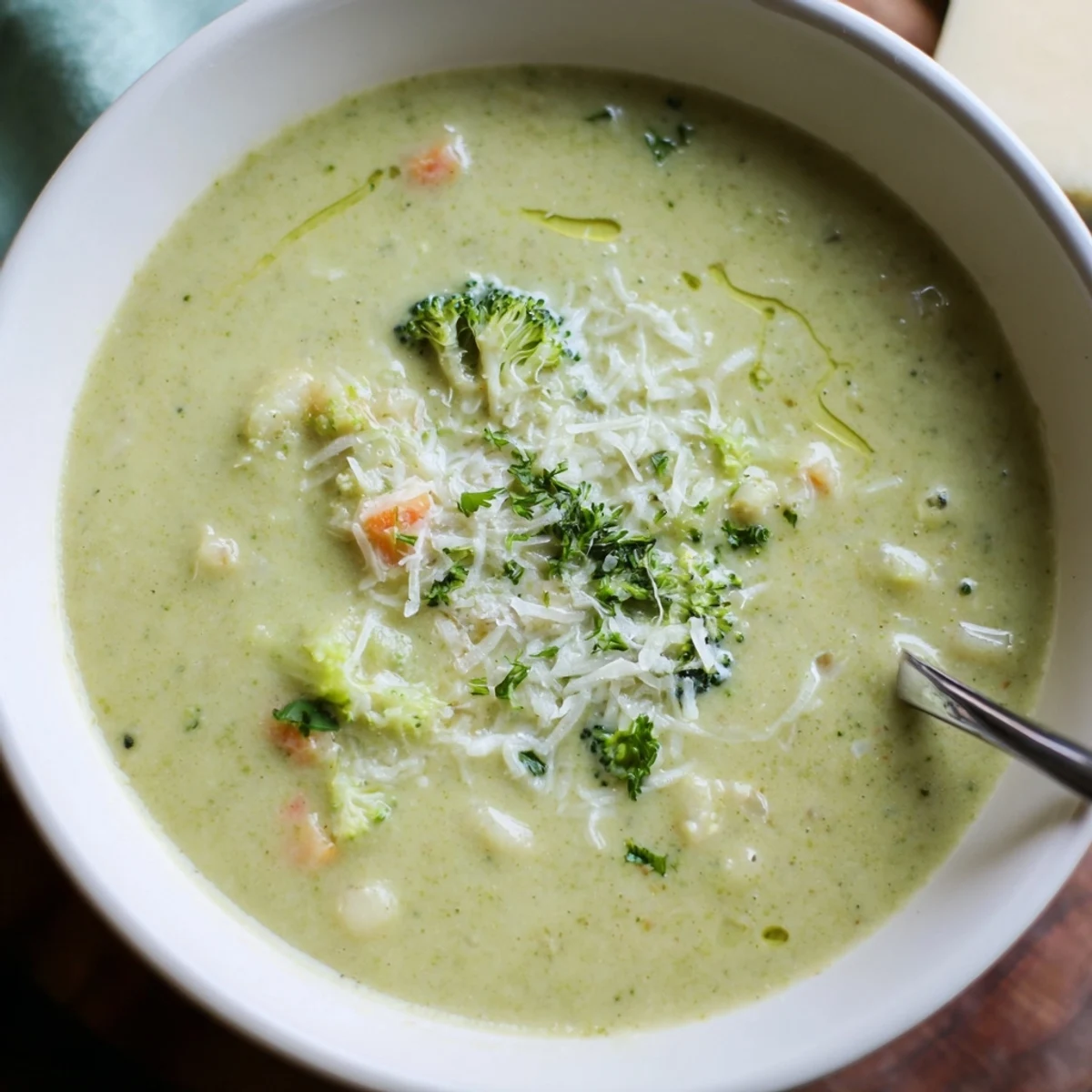 Creamy homemade Italian broccoli soup garnished with grated Parmesan and fresh herbs in a white bowl