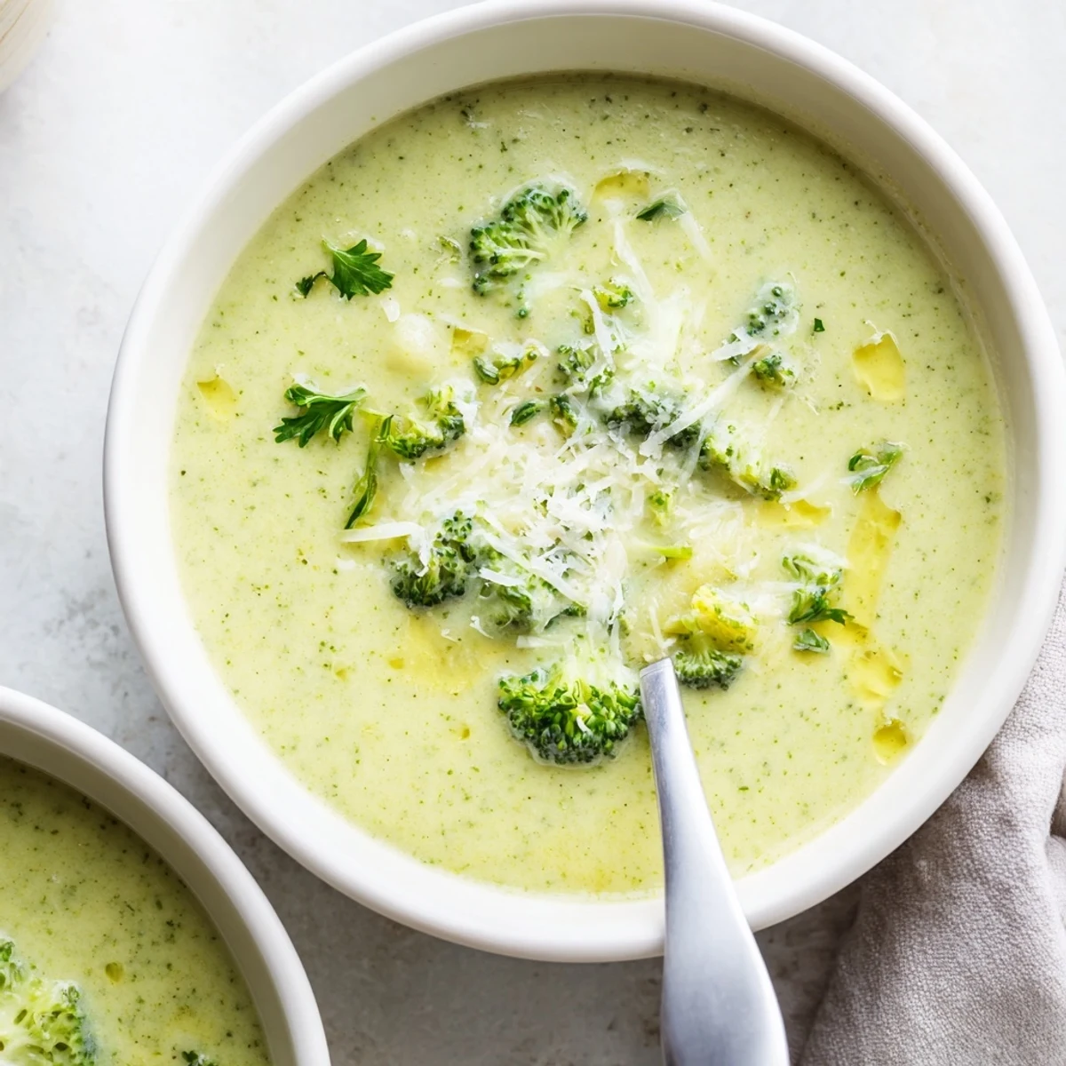 Velvety green homemade Italian broccoli soup served with crusty bread and olive oil drizzle