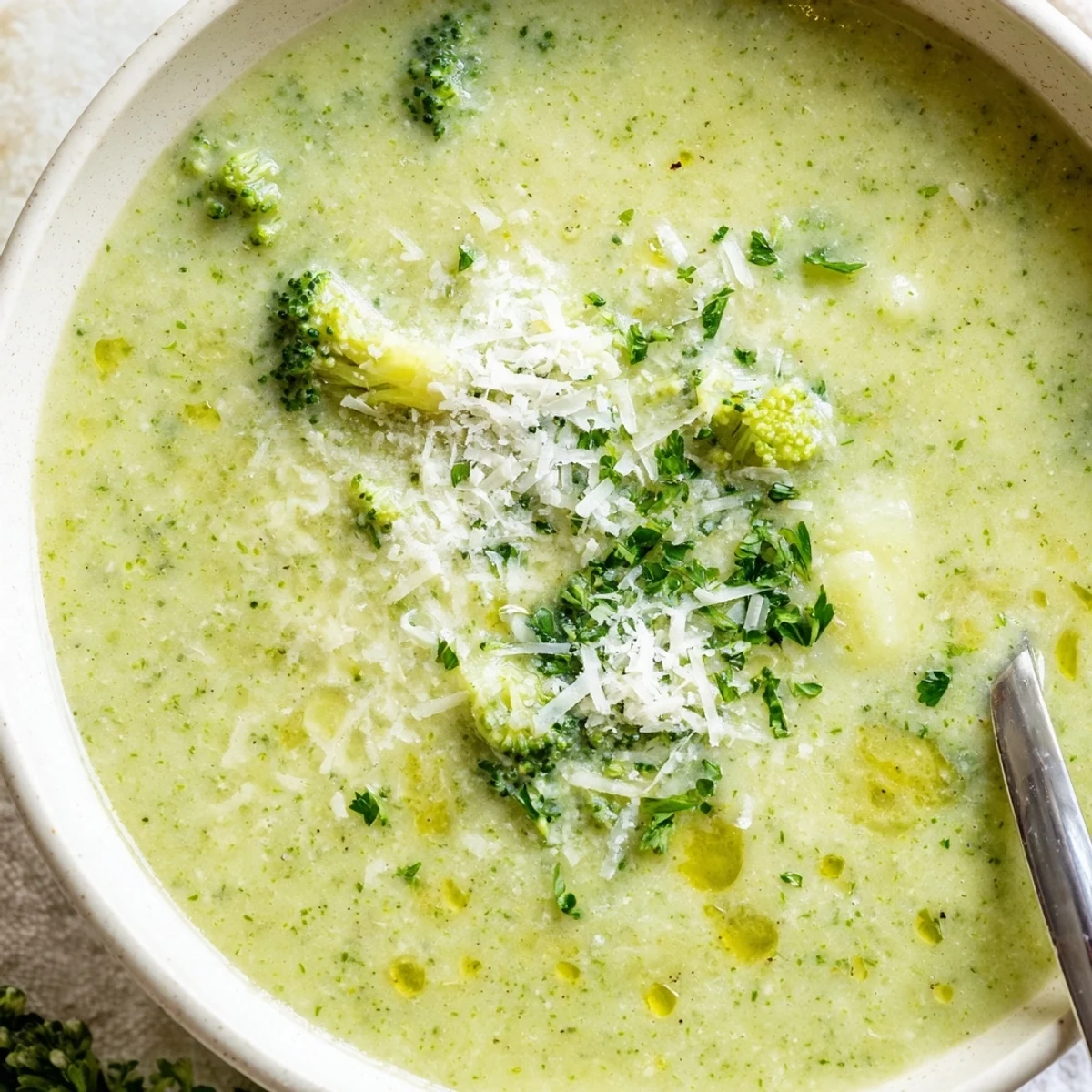 Steamy bowl of homemade Italian broccoli soup with parmesan topping and parsley garnish on rustic table